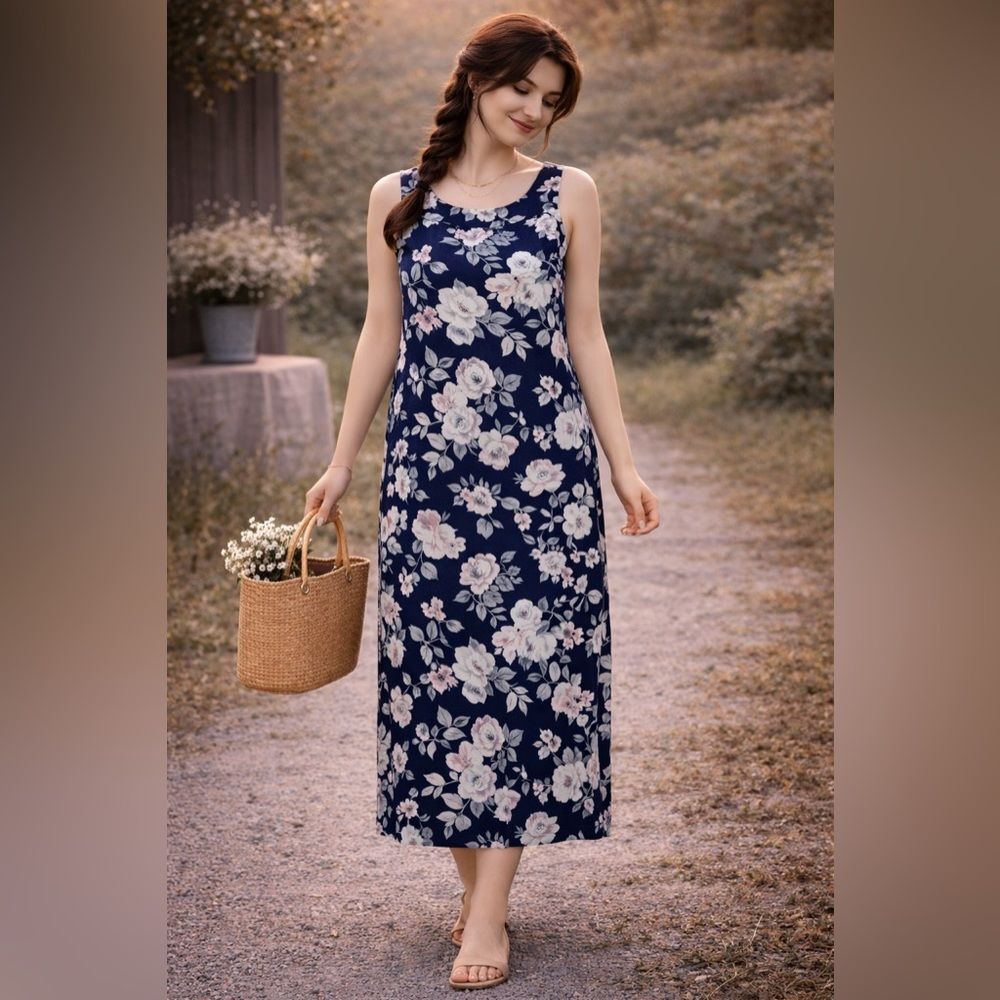 J.Jill Navy Multicolored Floral Print Medium Dress